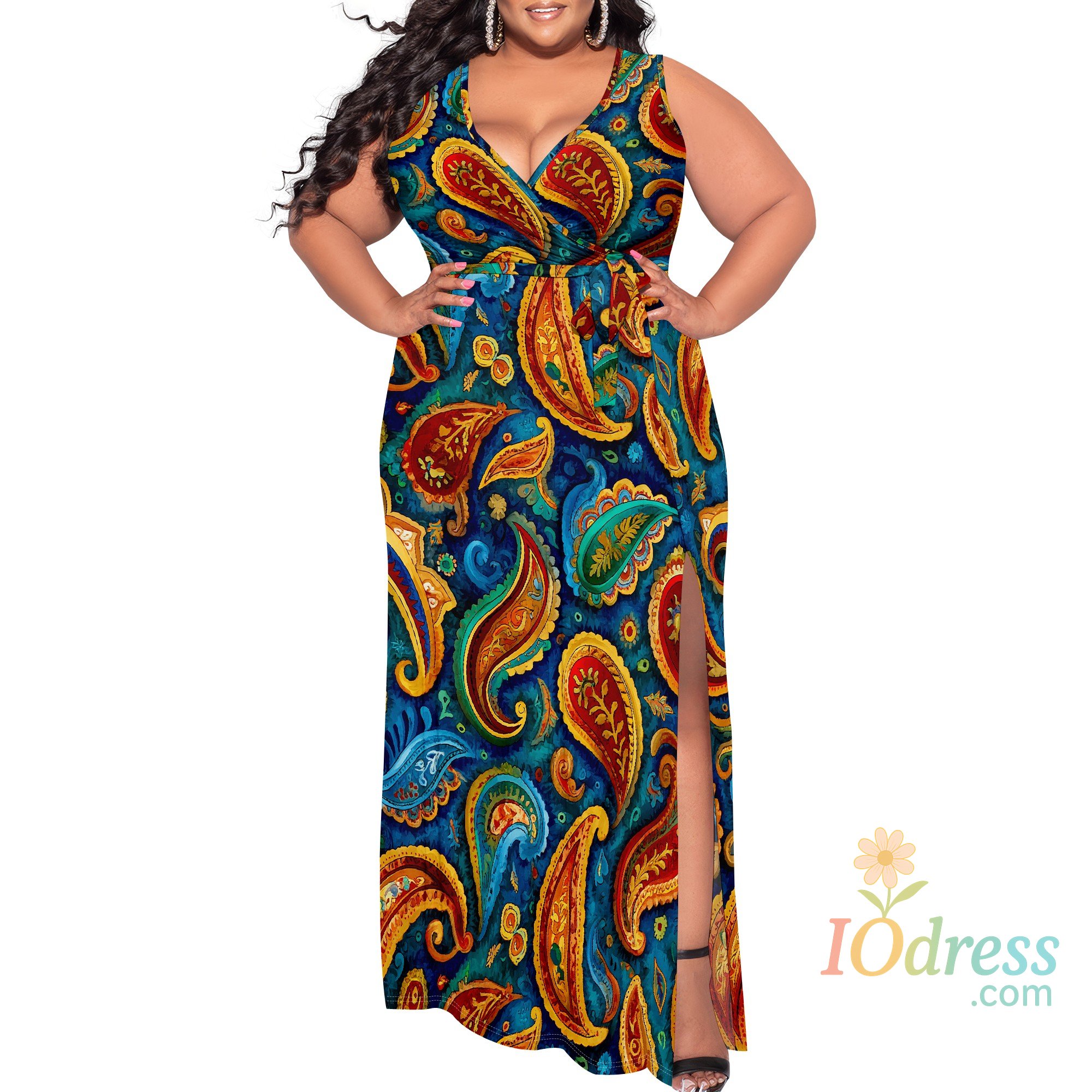 IO Dress Women's Plus Size Formal Maxi Dress XL-6XL - Elegant Black Gold Damask V-Neck Slit Gown - Perfect for Evening Party IO Dress