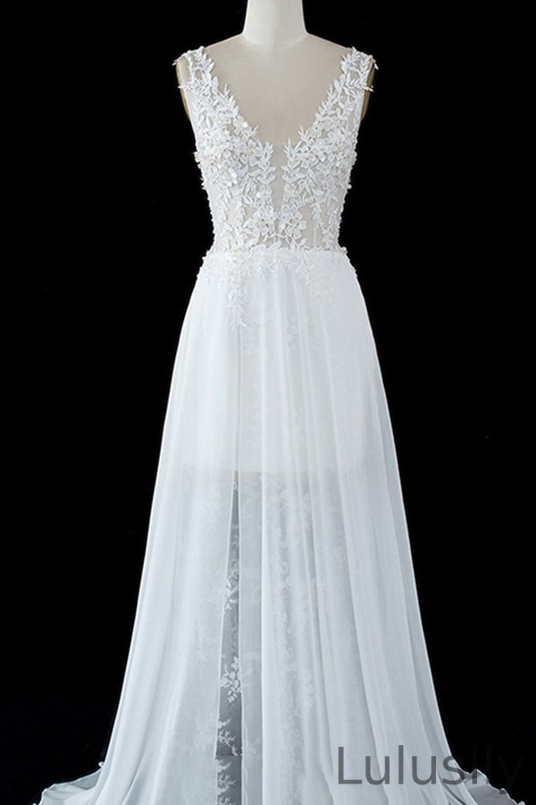 Luluslly Straps Sheer Tulle Wedding Dress With Lace Split