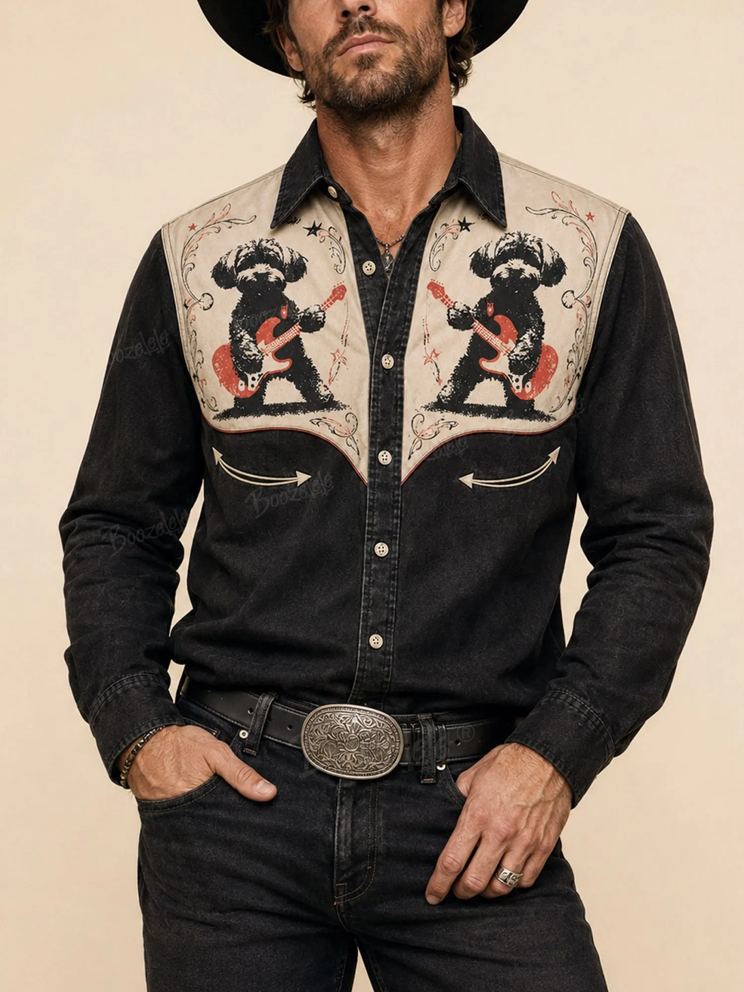Music Festival Must-Have, Distressed Black, Rock Guitarist Dog Graphic, 2026 Spring Western Long Sleeve Shirts-100% Cotton