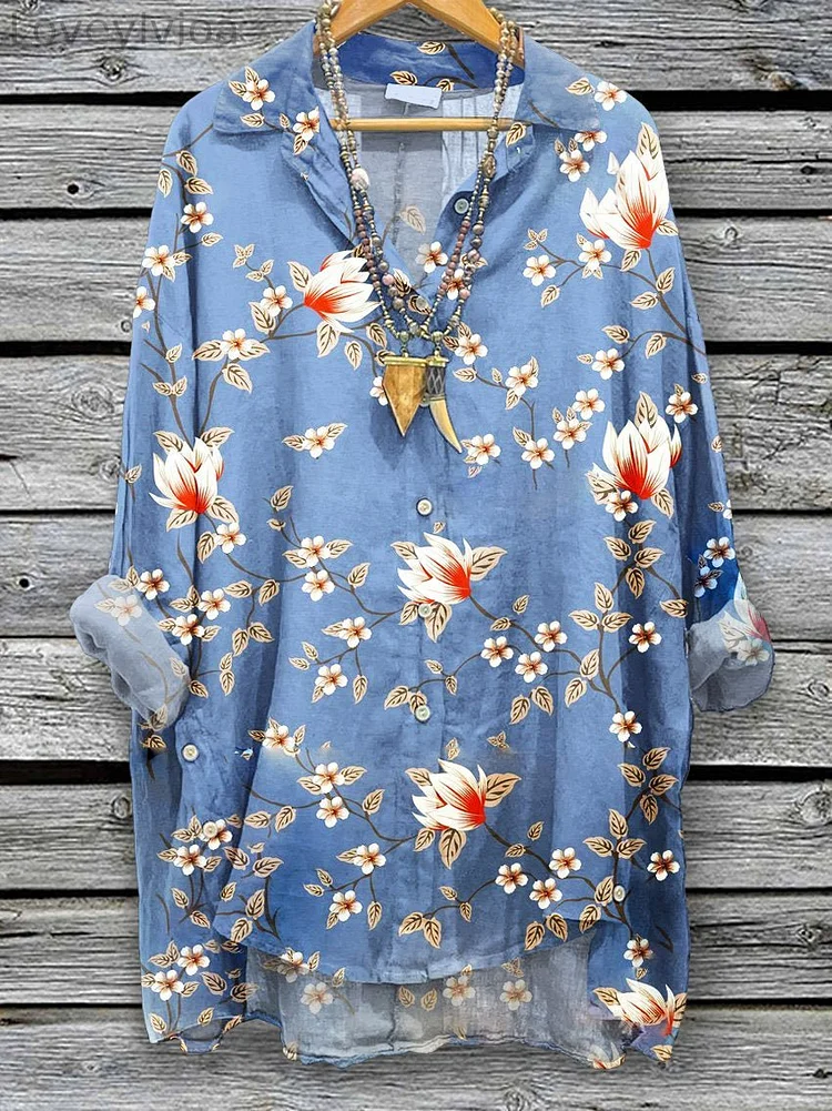 Women's  Floral  Print Casual Cotton And Linen Shirt