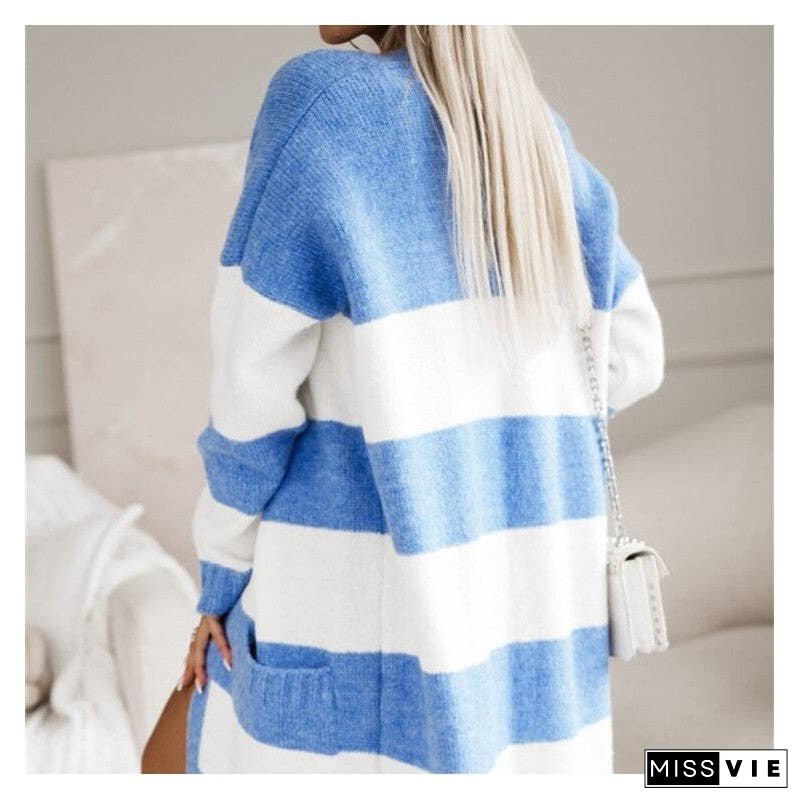 Loose-Fitting Color Block Long Knit Cardigan Sweater