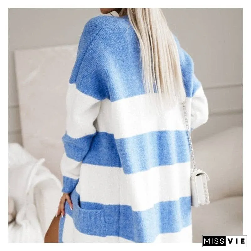 Loose-Fitting Color Block Long Knit Cardigan Sweater