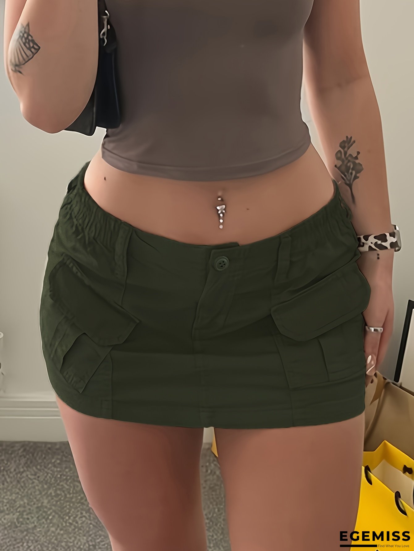 GILIPUR Women&lsquo;s Y2K Retro High-Waisted Cargo Skirt - Stretchy Mini Skirt with Multiple Pockets, Dark Green, Casual Streetwear Style, All-Season Comfort Fit, Casual Attire, Functional Pockets | EGEMISS