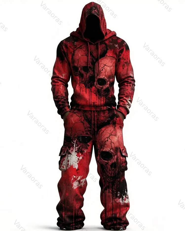 Men's Fashion Skull Contrast Color Embroidered Hoodie & Pants Two-Piece Set 2812