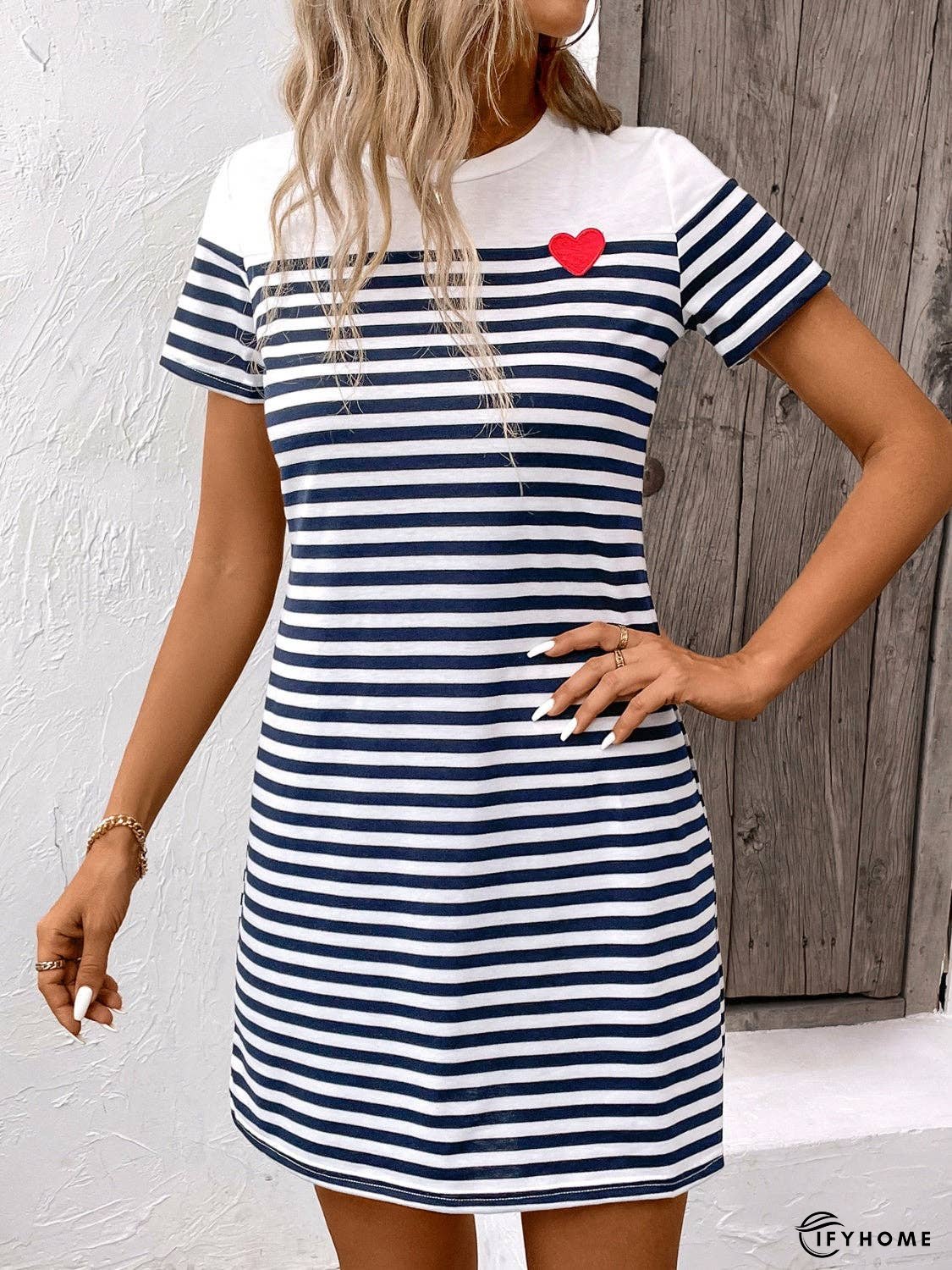 Striped Round Neck Short Sleeve Mini Dress | IFYHOME