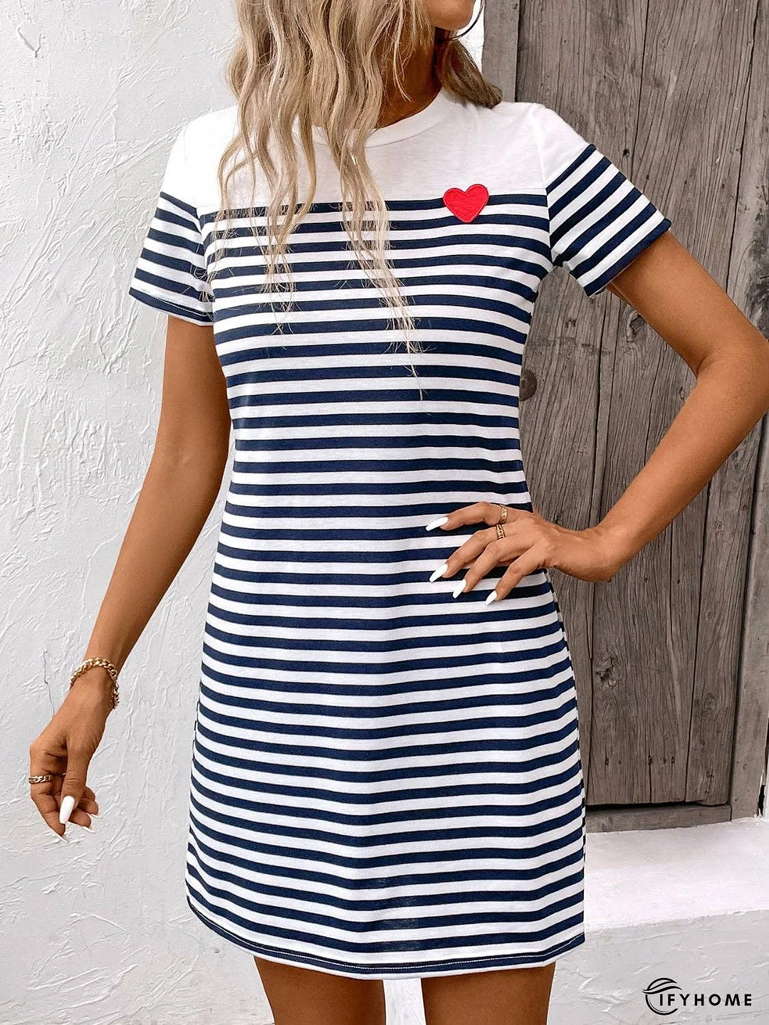 Striped Round Neck Short Sleeve Mini Dress | IFYHOME