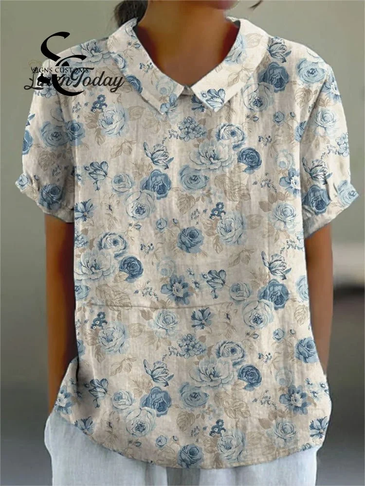 Women's Floral  Print Casual Cotton And Linen Shirt