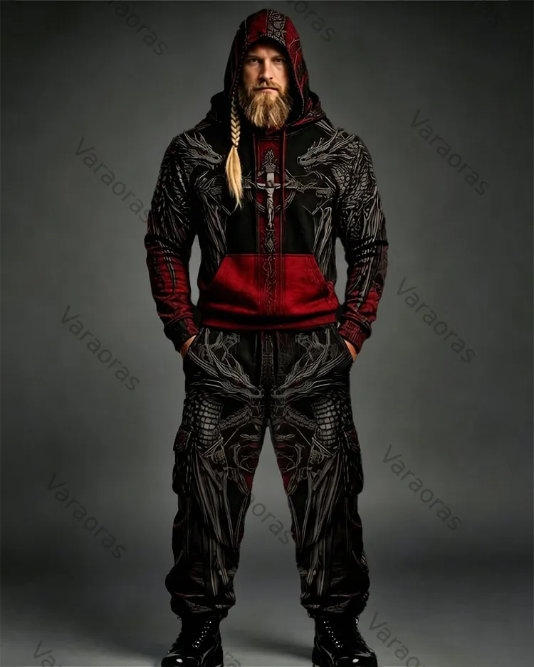 Men's Summer Fashion Viking Embroidered Cotton Linen Hooded Top and Pants Two-Piece Set 4815