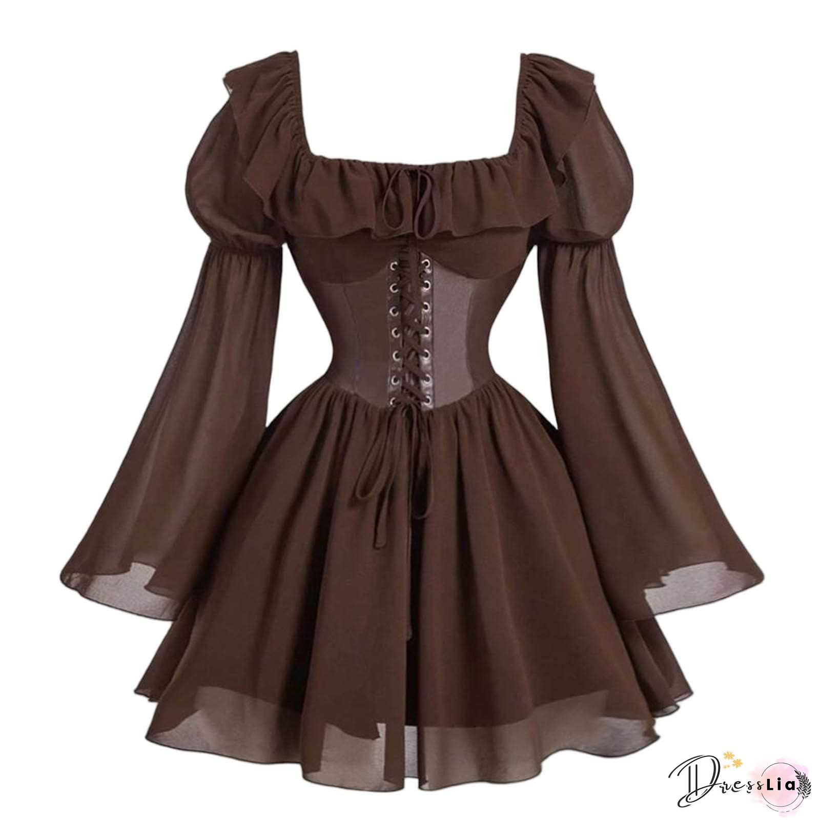 Autumn Pleated A-Line Vintage Dress, Semi-Formal Women's Fall Clothing With Bow Tie Long Sleeve Off-The-Shoulder Belted Waist Slim Fit Commuter Dress, Evening Wear, Office Attire, Offshoulder Design, Elegant Dress, Classic Tailoring, Tailored Fit