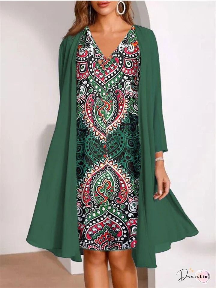 Spring and Autumn Chiffon Two-piece Set 3D Digital Printing Chiffon Shirt Skirt Long Sleeve V-neck Temperament Commuter Casual Suit Dress