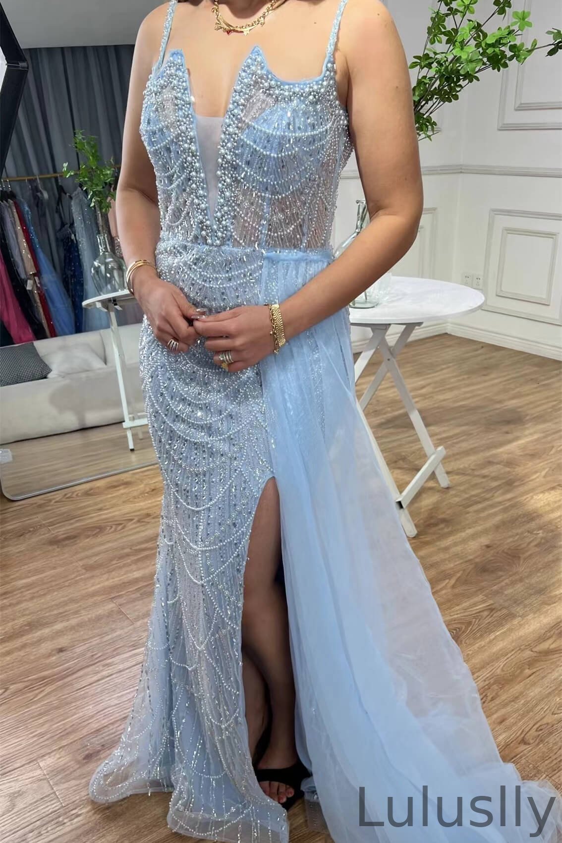 Luluslly Sky Blue Spaghetti-Straps Mermaid Formal Prom Dresses Beads Pearls With Ruffle Sleeveless