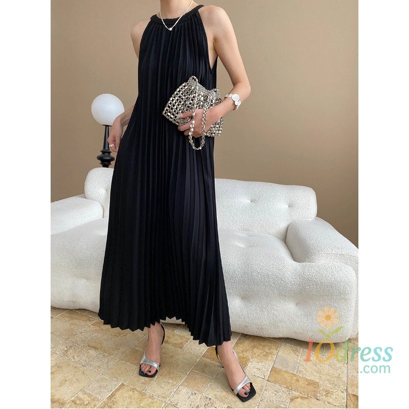 IO Dress 2025 Spring/Summer New Women's Casual Solid Color Round Neck Sleeveless Pleated Dress; Necklace High-end Feel Dress IO Dress