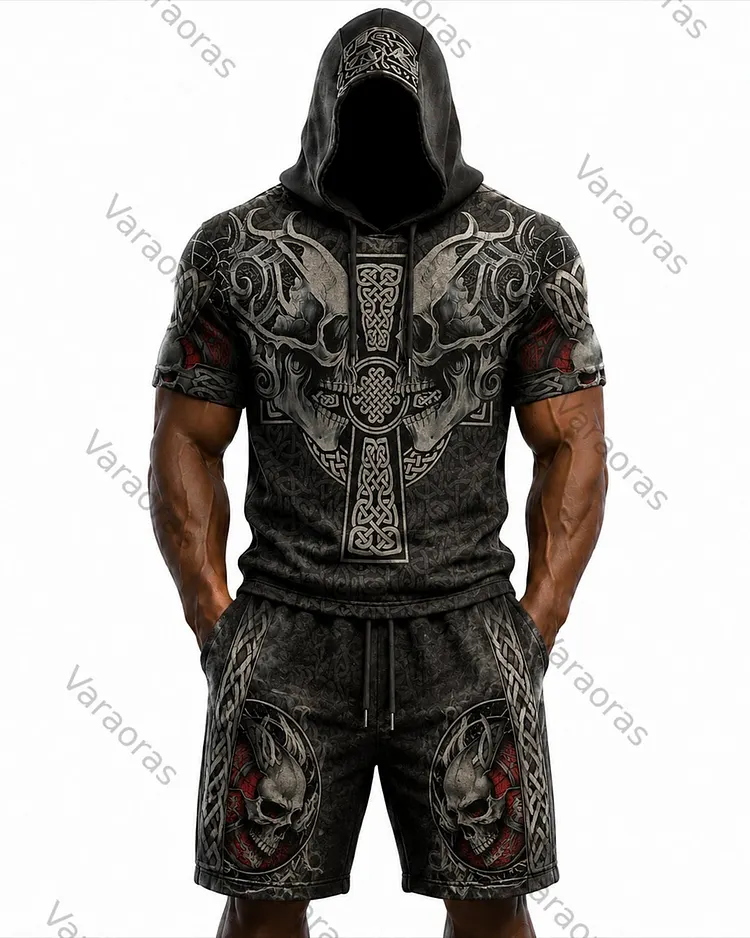 Men's Viking Color-Block Embroidered Hooded Short-Sleeved Top and Shorts Set 5133