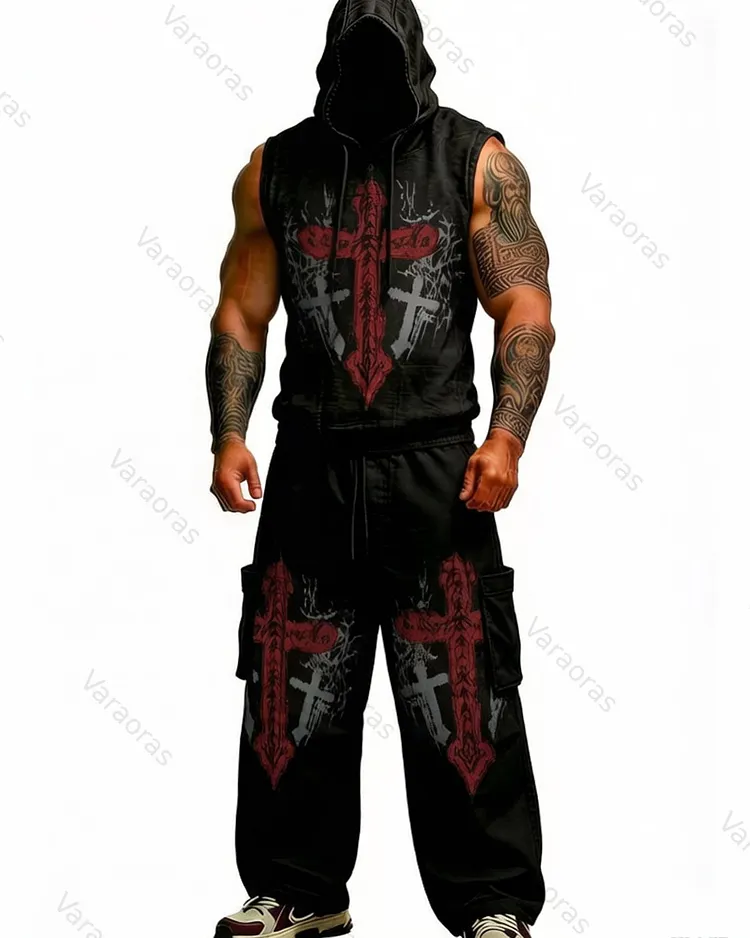 Men's Fashion Cross Embroidered Hooded Sleeveless Top and Pants Two-Piece Set9445