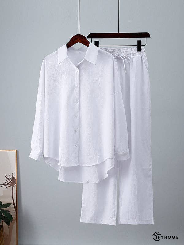 Solid Color Split-Joint High-Low Long Sleeves Buttoned Lapel Blouses Top + Drawstring Elasticity Pleated Pants Bottom Two Pieces Set | IFYHOME