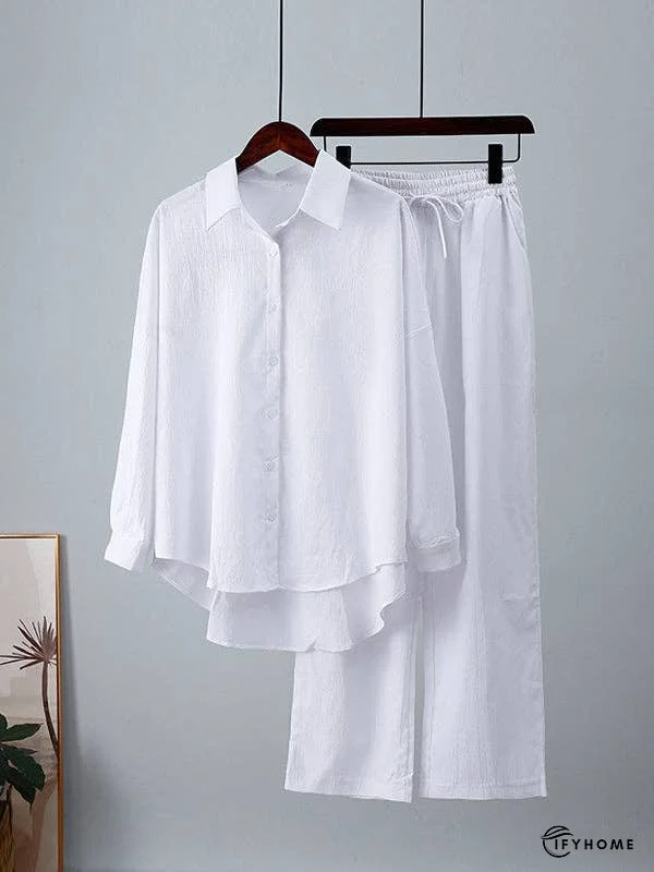Solid Color Split-Joint High-Low Long Sleeves Buttoned Lapel Blouses Top + Drawstring Elasticity Pleated Pants Bottom Two Pieces Set | IFYHOME