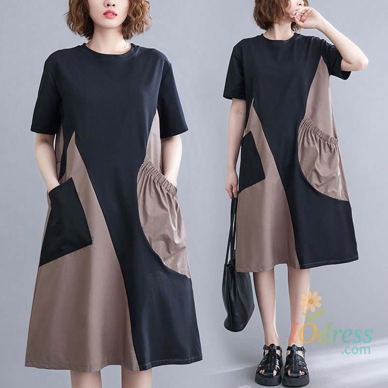 IO Dress plus Size Summer Faion Patchwork Color Blo Irregular Midi Dr Loose with Big kets ort Sve Women's Dr IO Dress