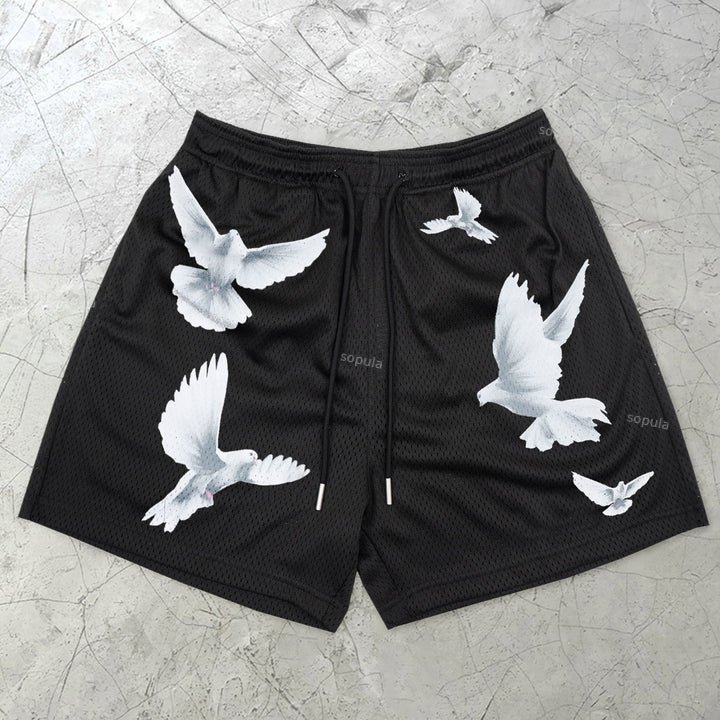 Casual Loose Peace Dove Print Street Mesh Shorts