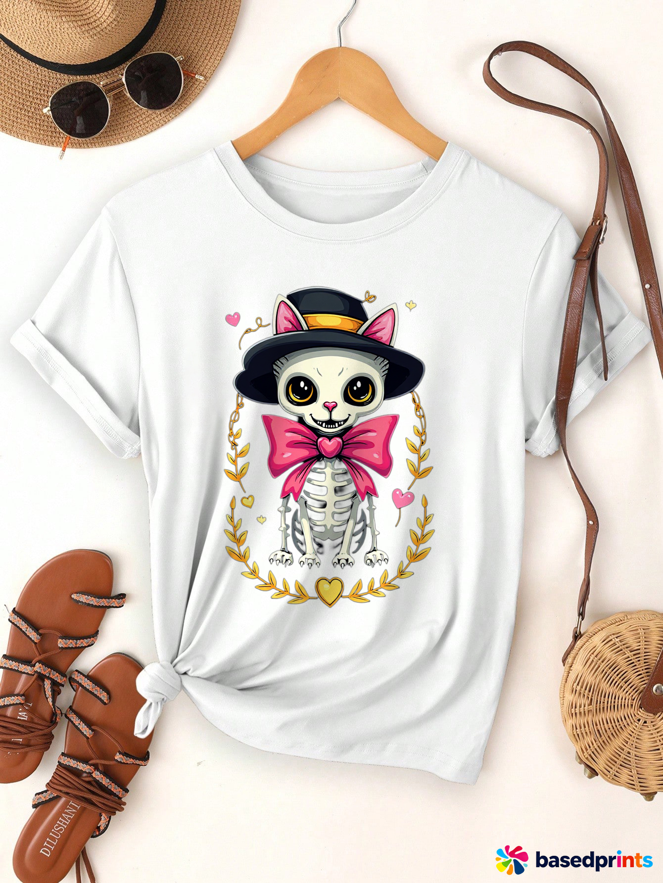 Sweet Cat Skeleton T-Shirt Women Casual Short Sleeve Tee Tops