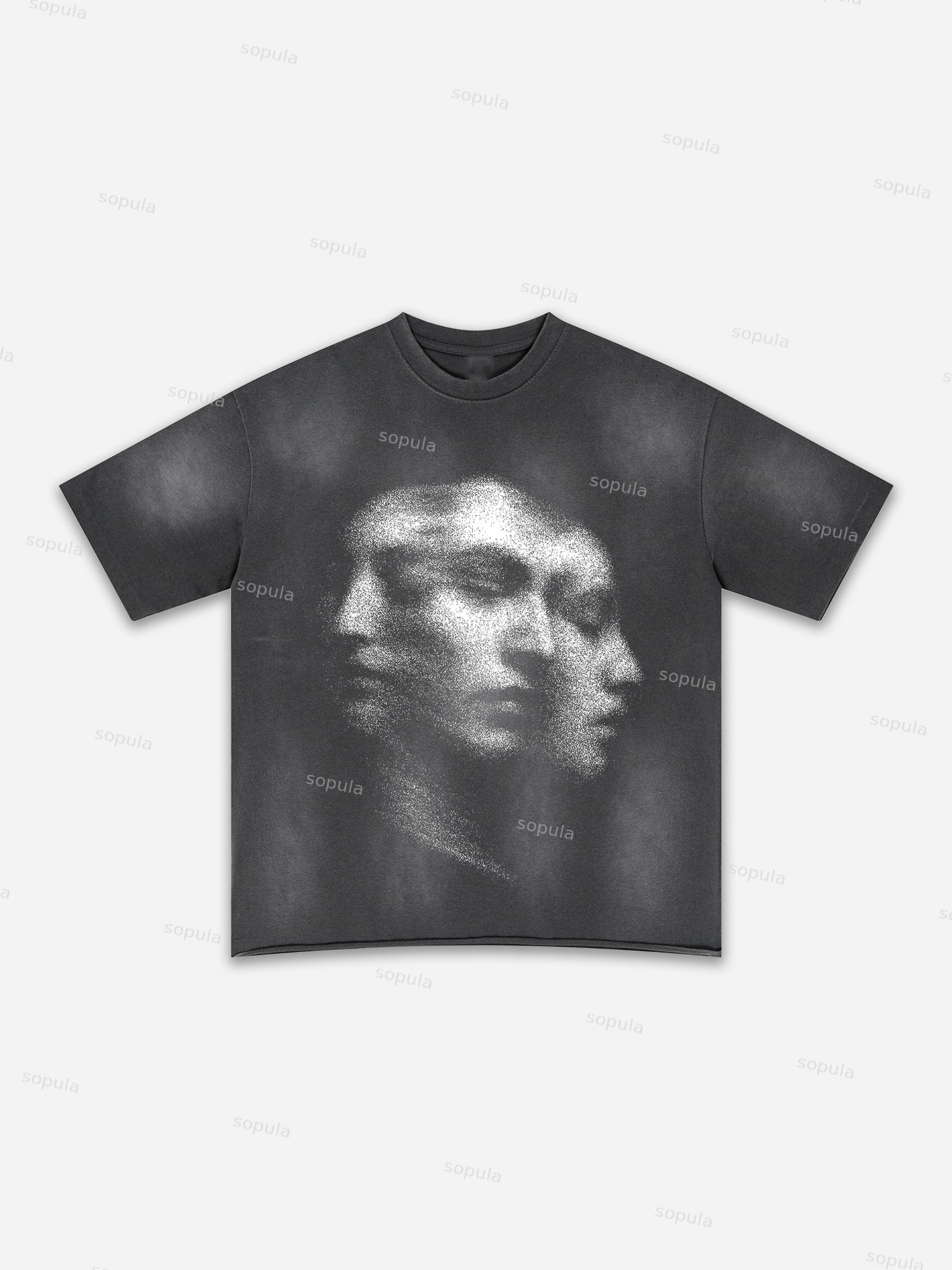Abstract Portrait Print Washed T-shirt