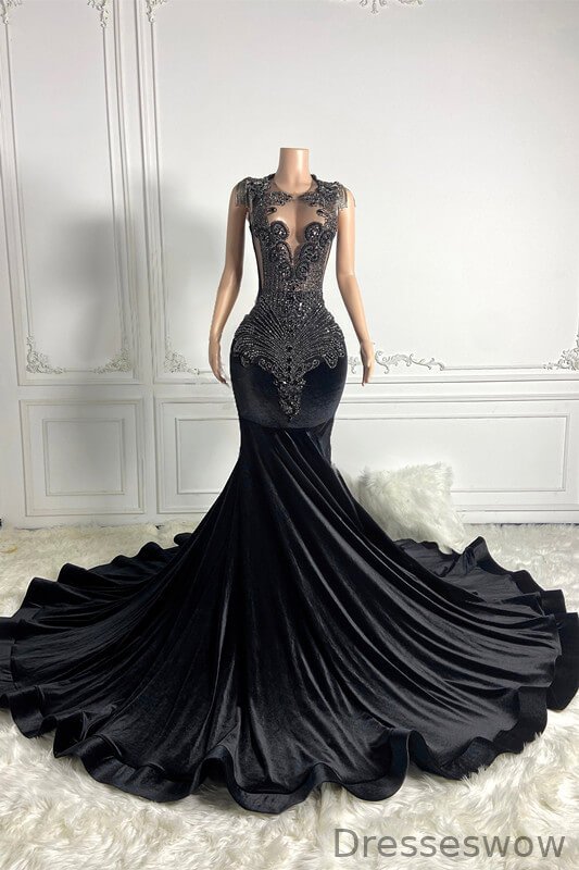 Dresseswow Scoop Sleeveless Black Mermaid Formal Dresses With Beadings Tassels
