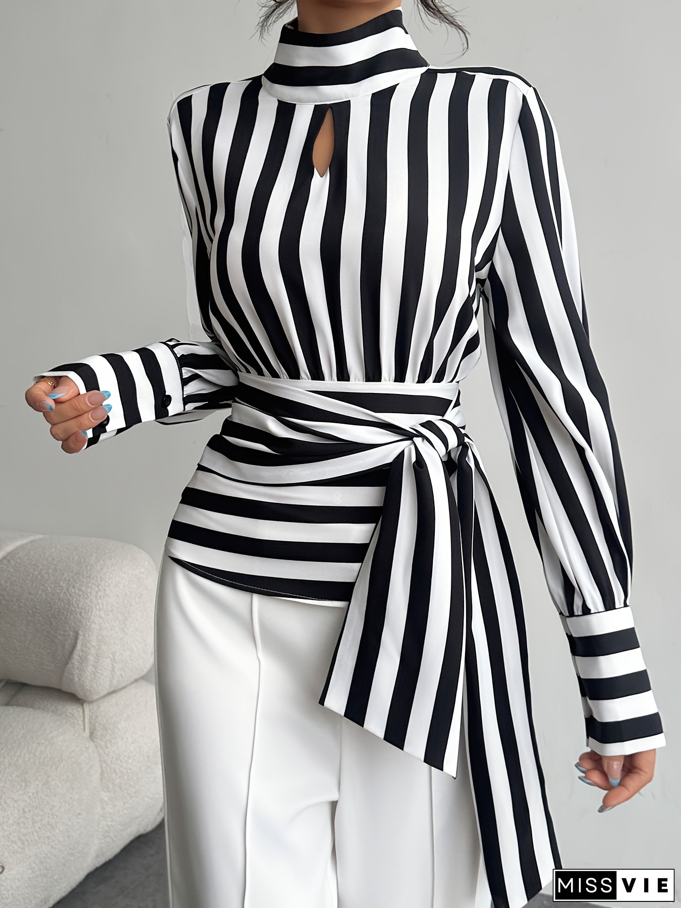 Women's Elegant High Neck Long Sleeve Blouse with Adjustable Waist Tie & Bold Blue/White Stripes - Machine Washable Non-Stretch Shirt for Spring Summer Fall, Seasonal Fashion Top, Smooth Fabric Shirt