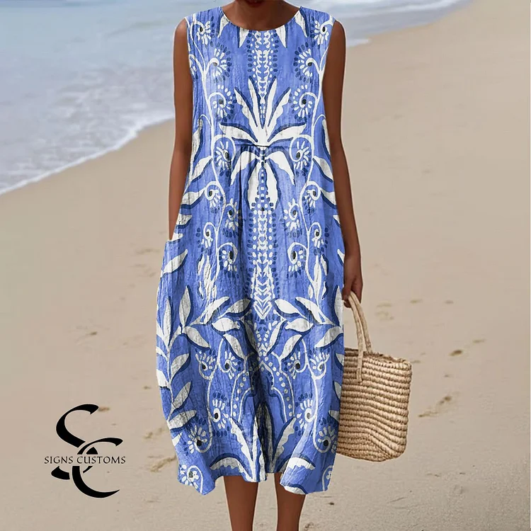 Women's Vintage Flower Art Print Sleeveless Cotton Pocket Wrap Dress