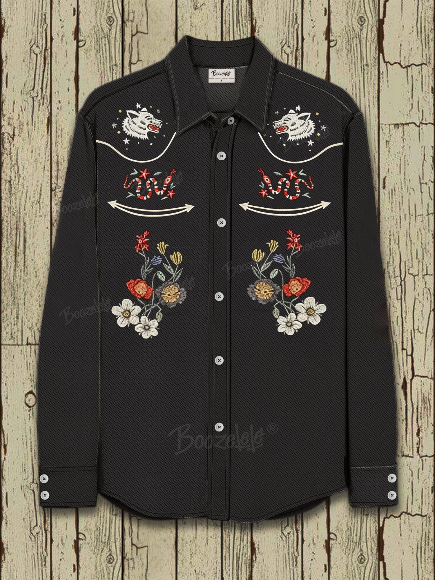 Men'S Denim Western-Style Long-Sleeved Shirt With Animal Print Pattern