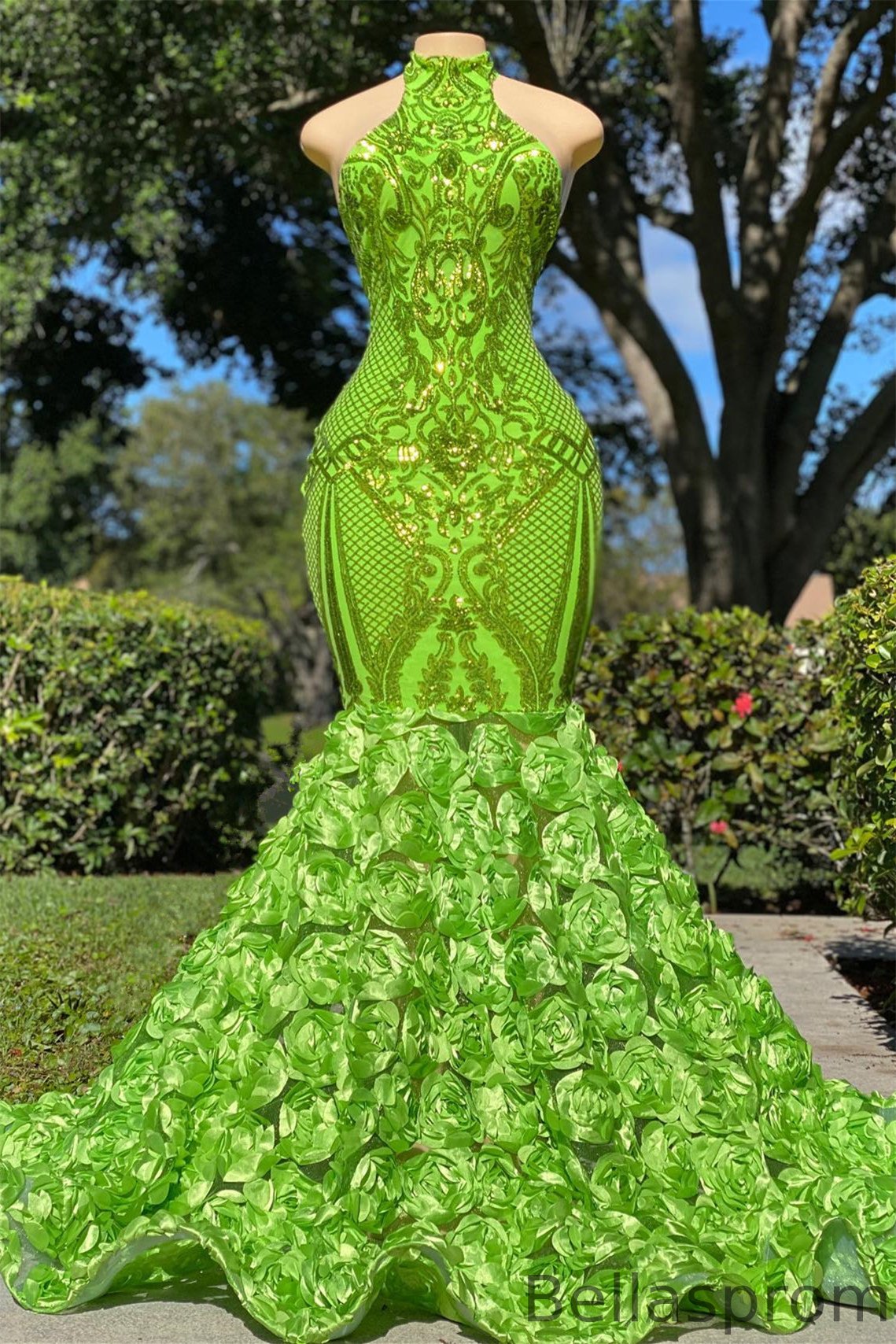 Bellasprom High Neck Sleeveless Prom Dress Mermaid Green With Rose Bottom Sequins Bellasprom