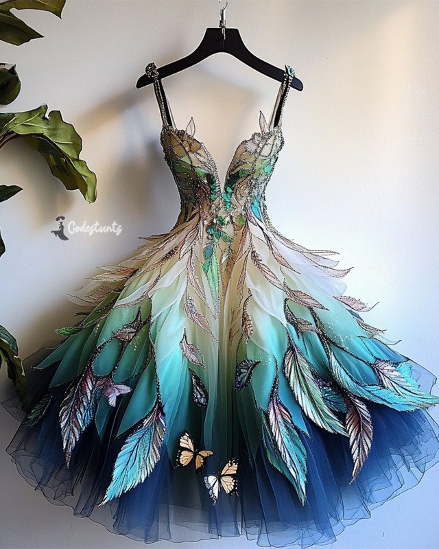 Summer fashion trendy feather theme print irregular multi-layer dress daac