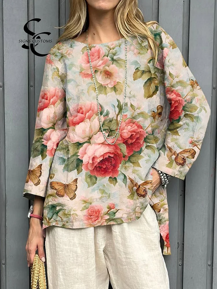 Women's  Vintage Floral  Art Print Casual  Cotton And Linen Shirt