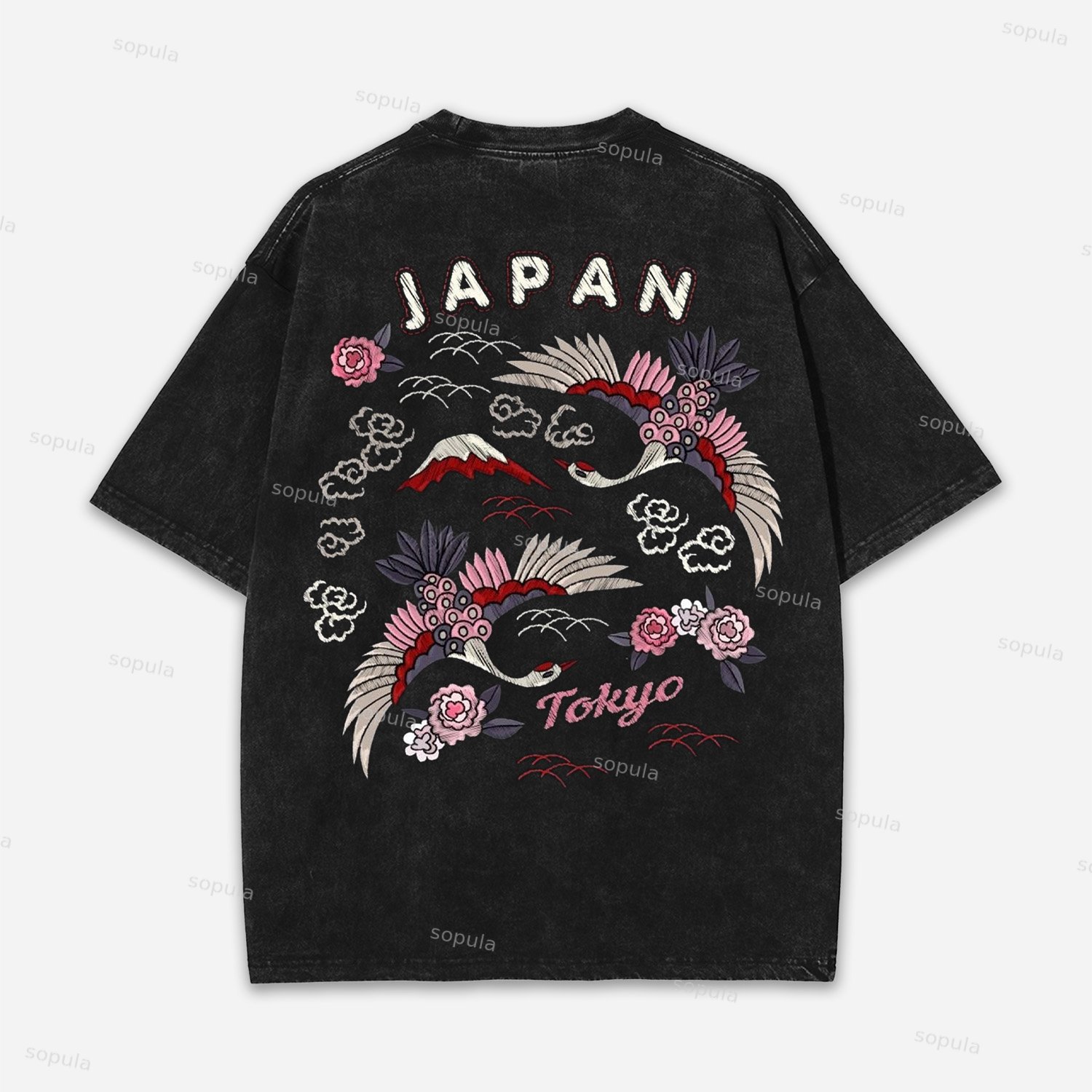 Retro Sakura Crane Tokyo Graphic Acid Washed T-shirt