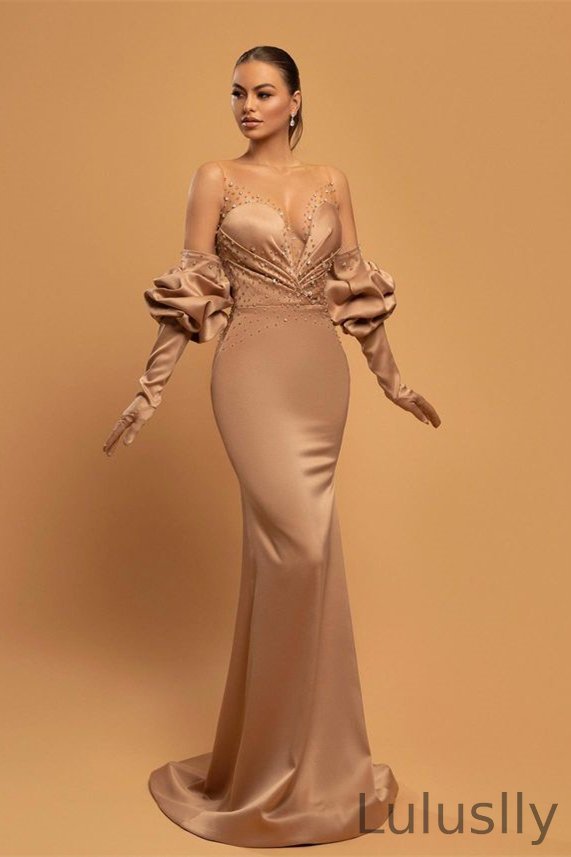 Luluslly Sleeveless Mermaid Prom Dresses Long Sheer Top With Beads