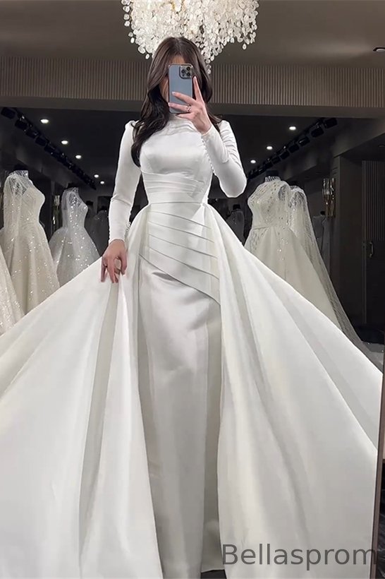 Bellasprom Long Sleeves High Neck Mermaid Wedding Dress Satin With Overskirt Bellasprom