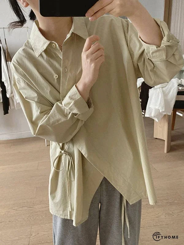 Loose Long Sleeves Frenum Solid Color Lapel Blouses | IFYHOME