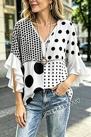 Mixed Polka Dot Print Ruffle Sleeve Hollow Out Top