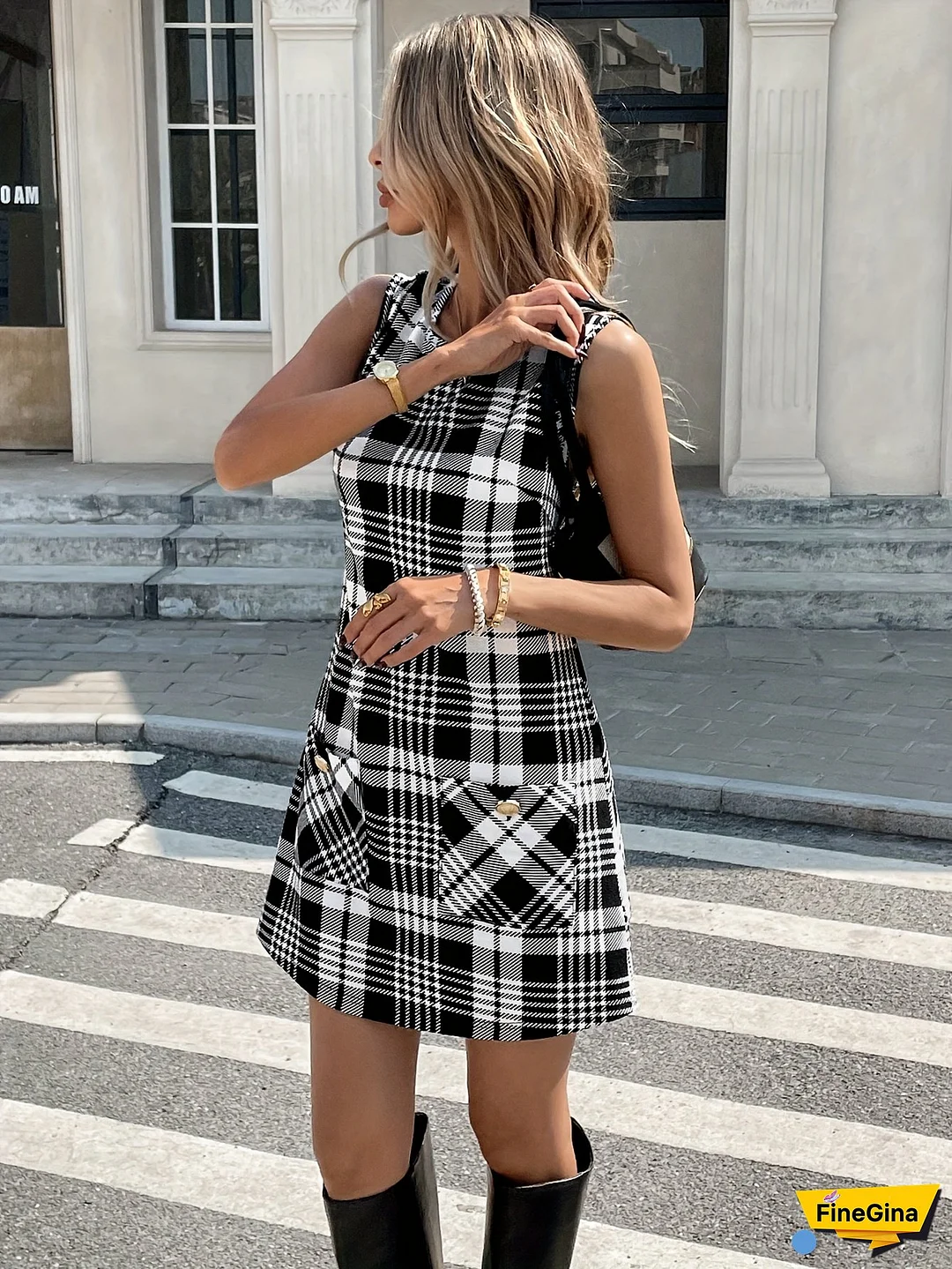 [Casual Plaid Dress] Plaid A-Line Mini Dress With Pockets | Women's Casual, Crew Neck, All-Season, Black And White Check Pattern