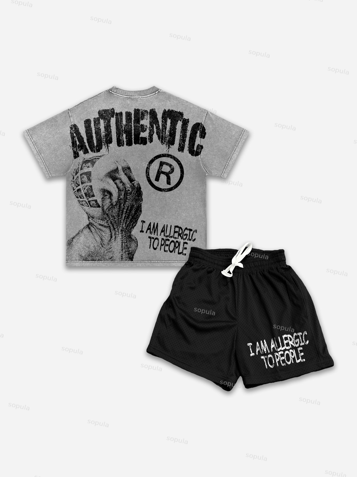 Sopula I Am Allergic To People Graphic Print Washed T-shirt & Shorts Two Piece Set