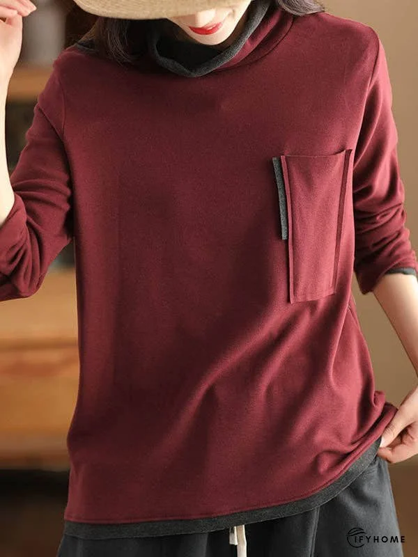 False Two Long Sleeves Contrast Color Pockets High Neck T-Shirts Tops | IFYHOME