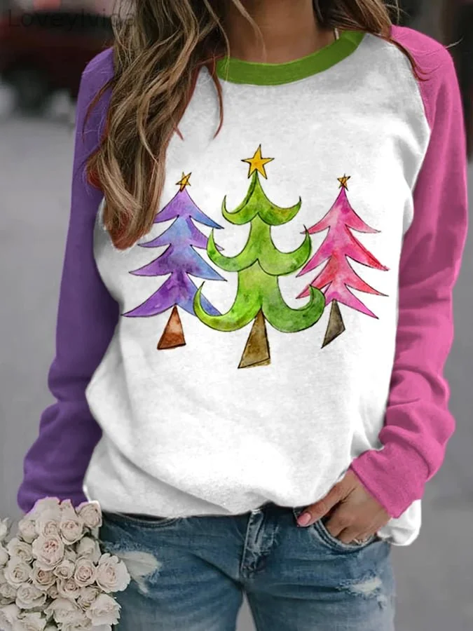 Women's Colorblock   Christmas TreePrint Casual Sweatshirt