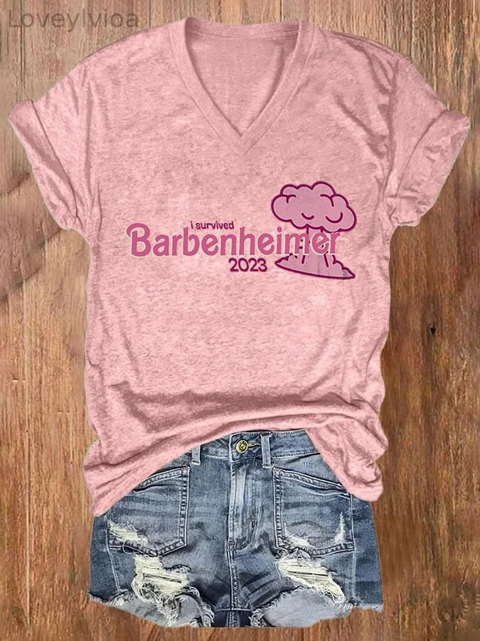 V-neck I Survived Barbenheimer 2023 Print T-Shirt