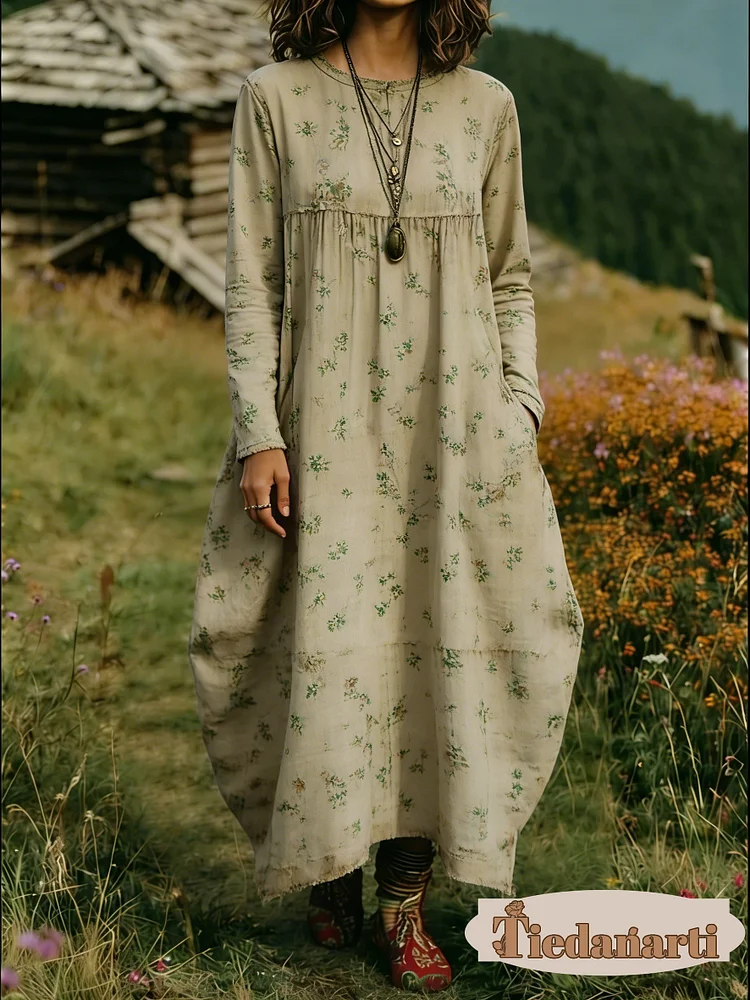 Women's Floral Print Crew Neck Long Sleeve Cotton Pocket Dress