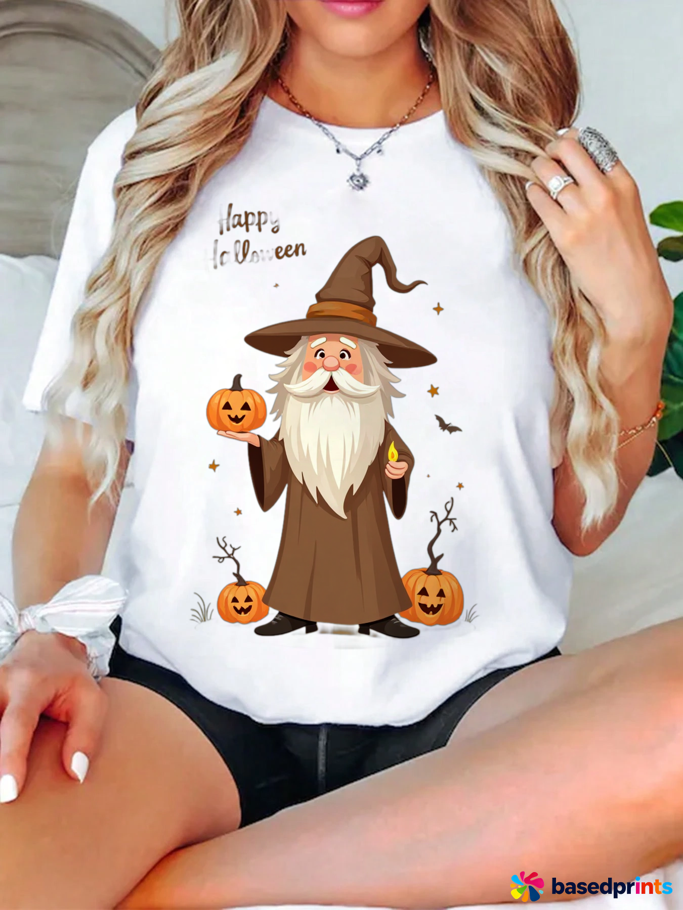 Happy Halloween Wizard Pumpkin Print T-Shirt