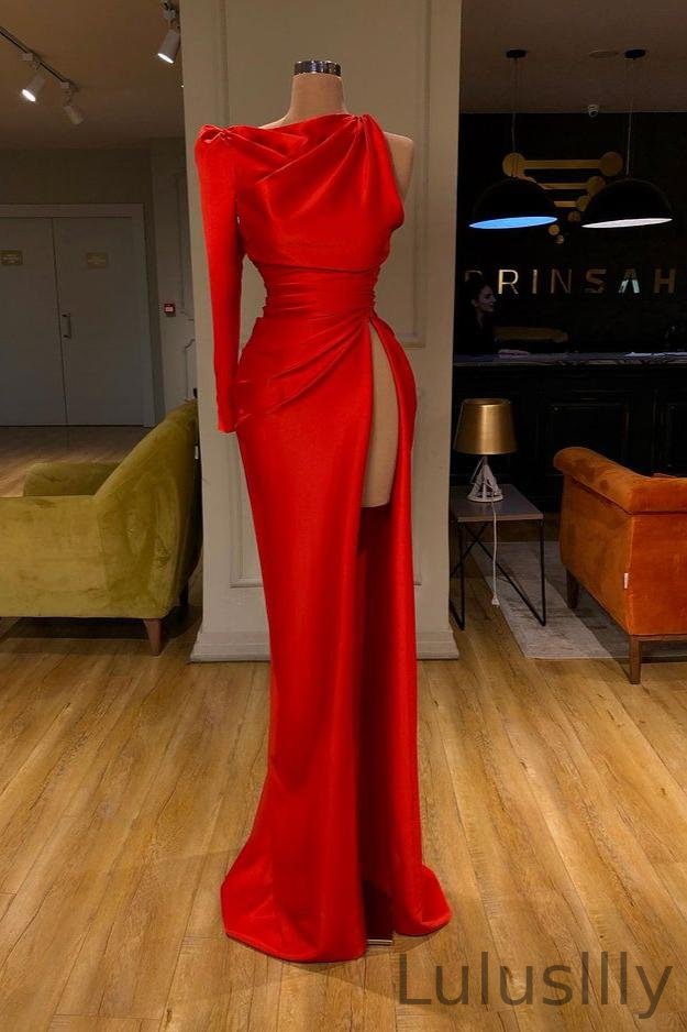 Red One Shoulder Long Sleevess Prom Dress With Slit - lulusllly