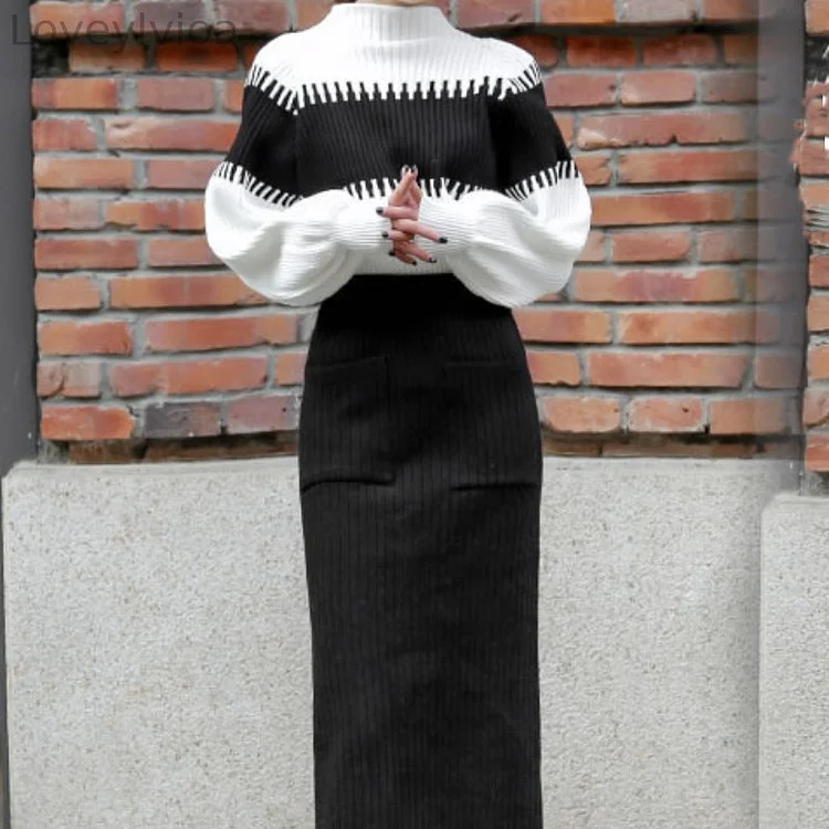 Chic Color Block Stand-up Collar Knit Sweater Two-piece