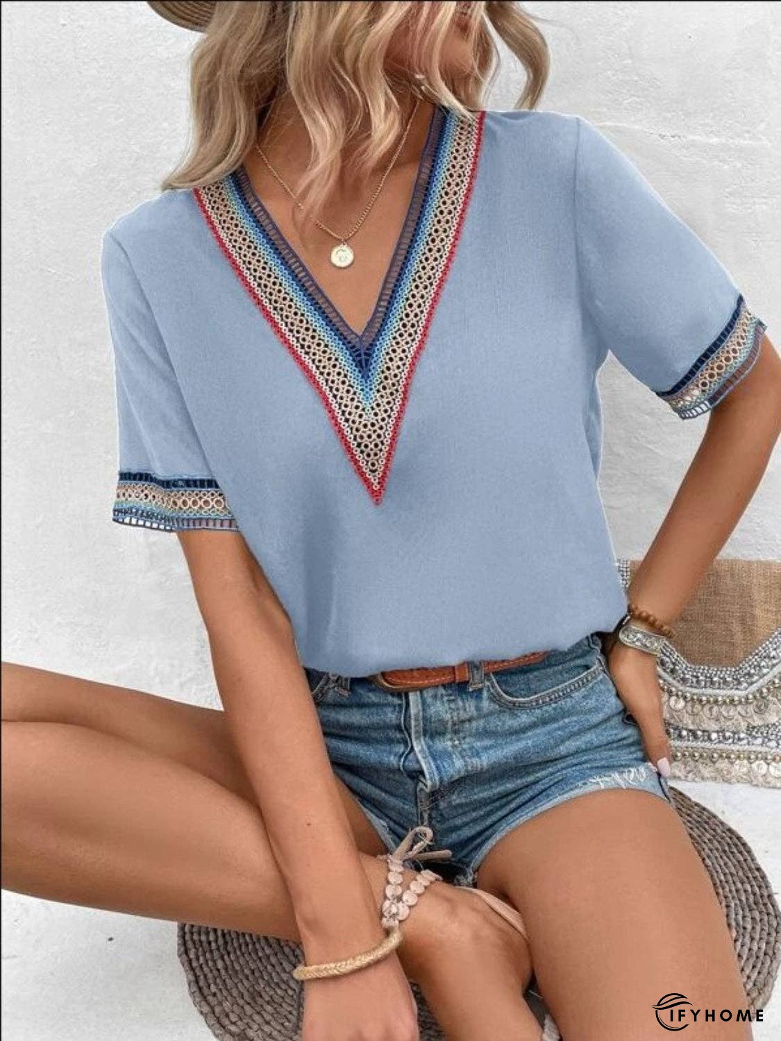 Full Size V-Neck Short Sleeve Blouse | IFYHOME