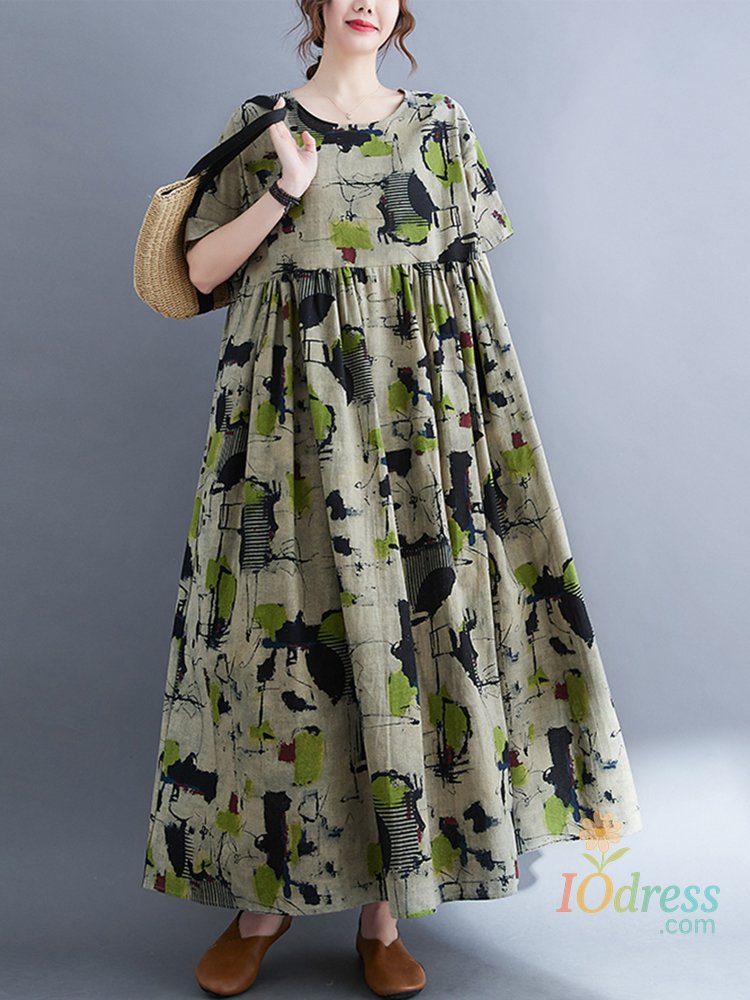 IO Dress Short Sleeve Cotton Linen Oversize Vintage Floral Dresses For Women Summer Casual Loose Long Ladies Dress Elegant Clothing 2025