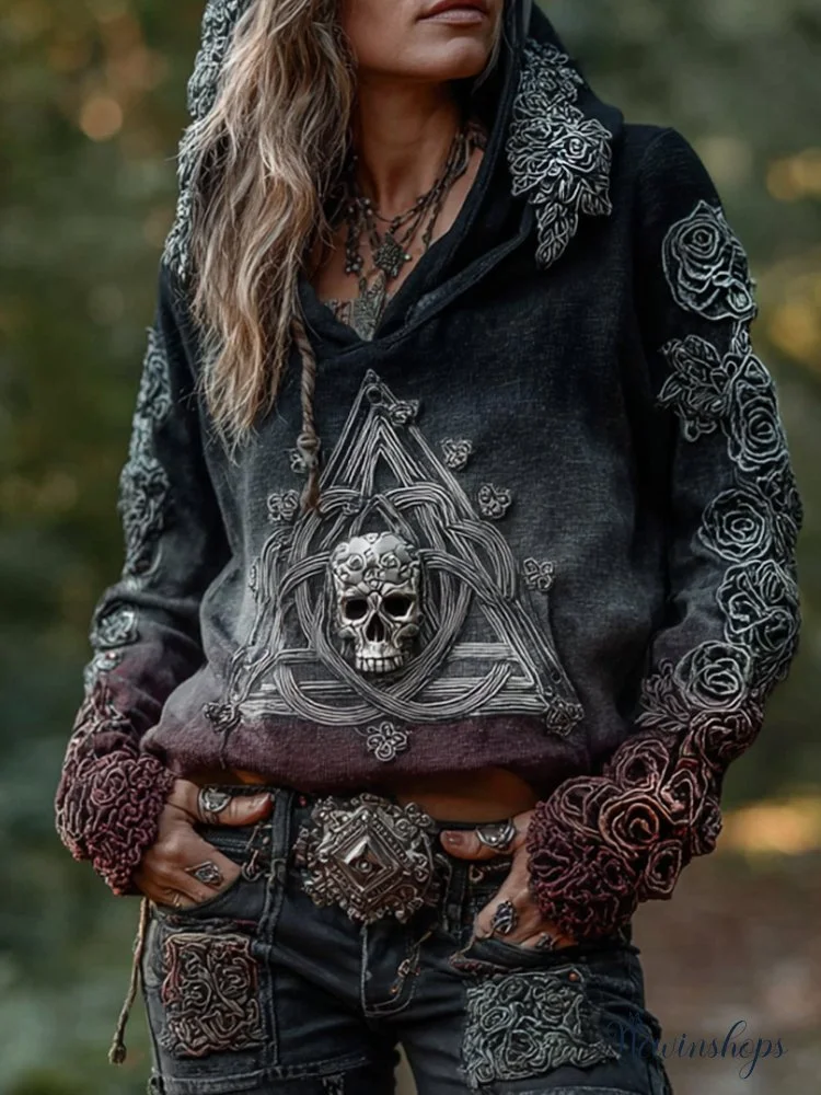 Women's Vintage Rose Skull Celtic Triangle Gradient Cotton And Linen Hoodie