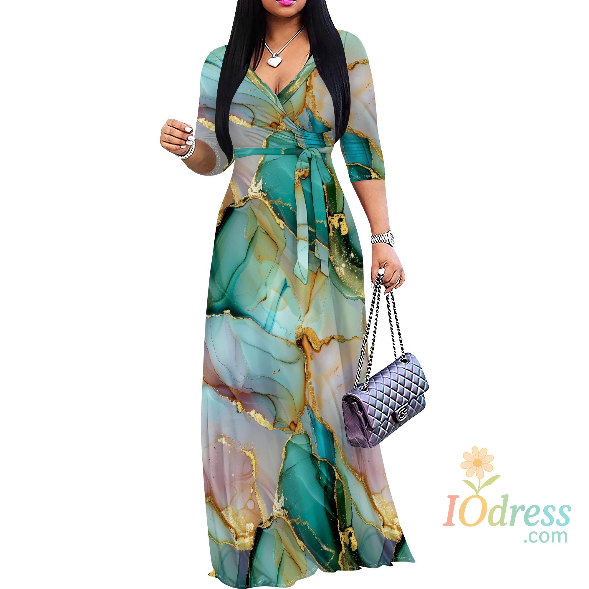 IO Dress Marble Ink Style Maxi Dress for Women S-3XL Artistic Flow Print Long Sleeve Spring Dress for Event or Office IO Dress