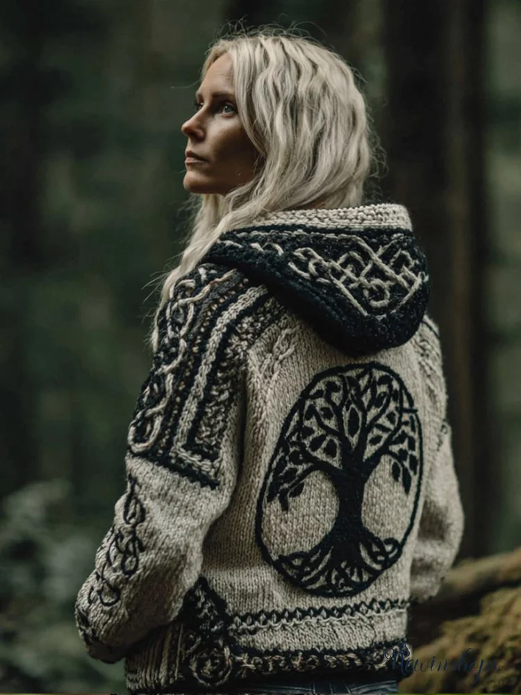 Women's Viking Style Tree Of Life Flat Embroidered Hooded Sweater